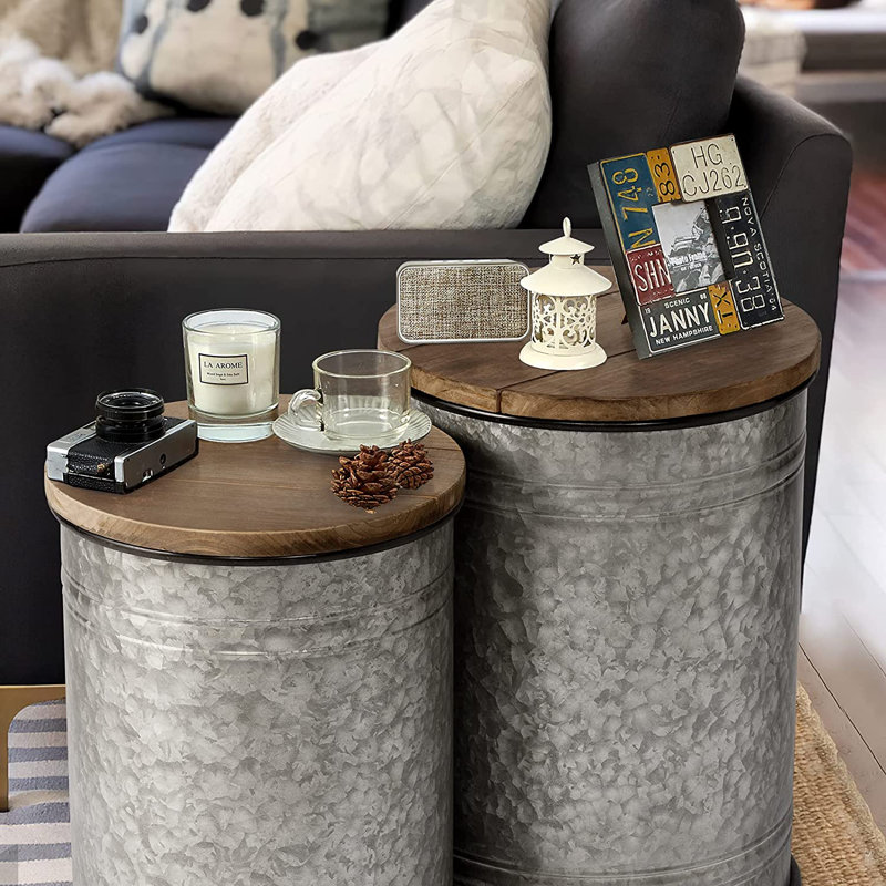 Gracie Oaks Jayansh Gracie Oaks Rustic Storage Bins Farmhouse End Table Farmhouse Furniture Galvanized Metal Stool Ottoman Seat With Round Wood Lid Set Of 2 Reviews Wayfair